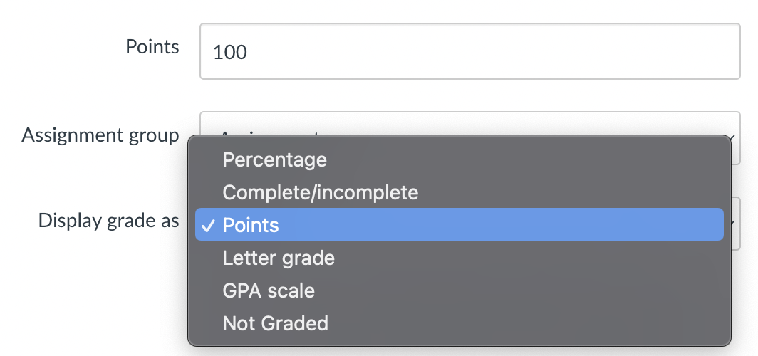 Detail from the Edit assignment settings page in Canvas showing Points, Assignment group, and Display grade as fields.