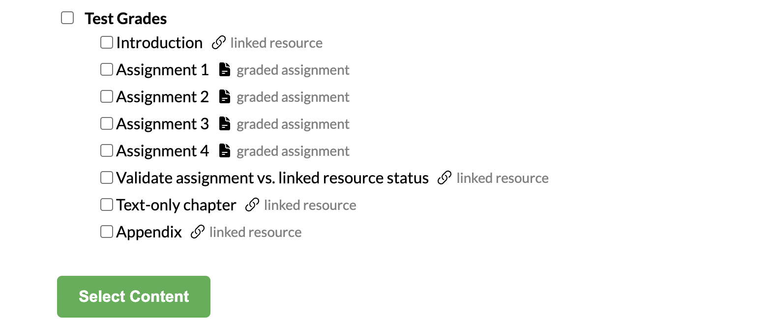 An example of the content selector showing pages available for import from a Pressbooks book.