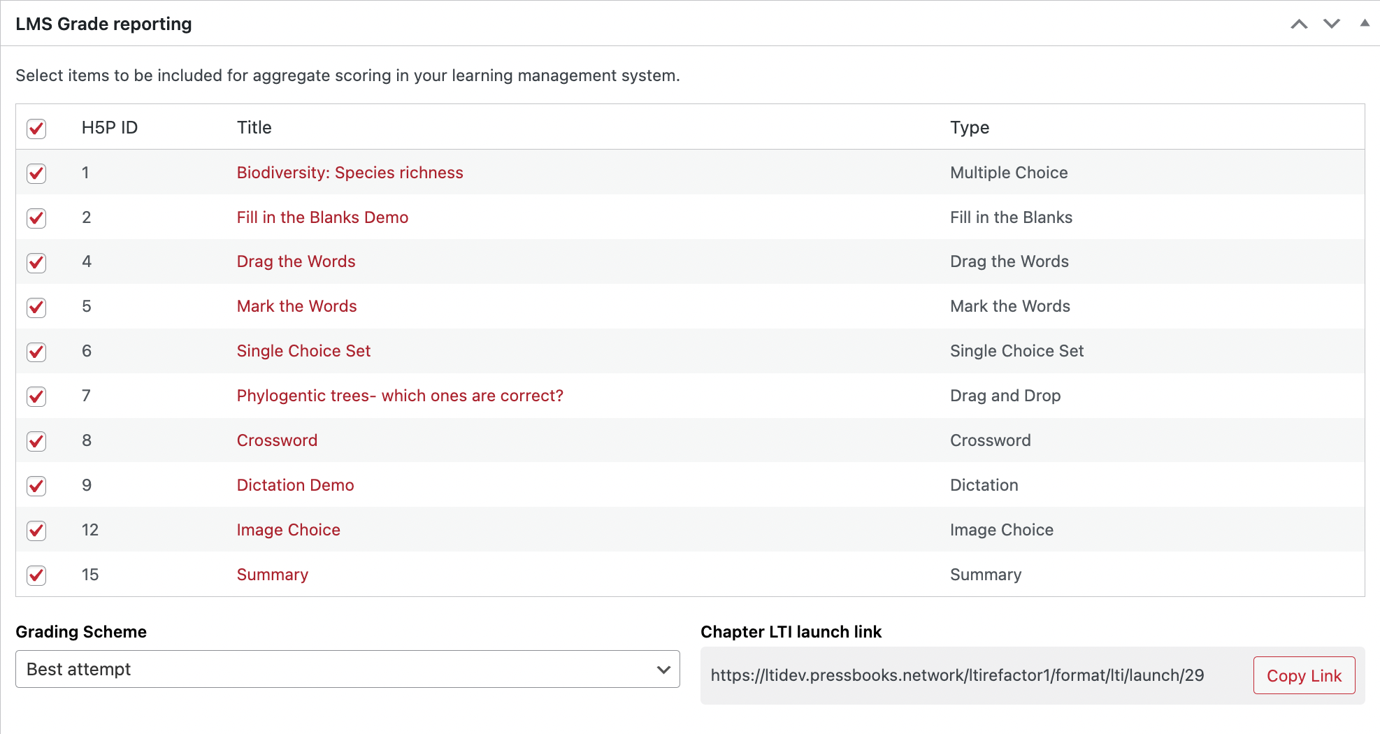 A screenshot of the LMS Grade reporting box, which contains a list of H5P activities included in a chapter.