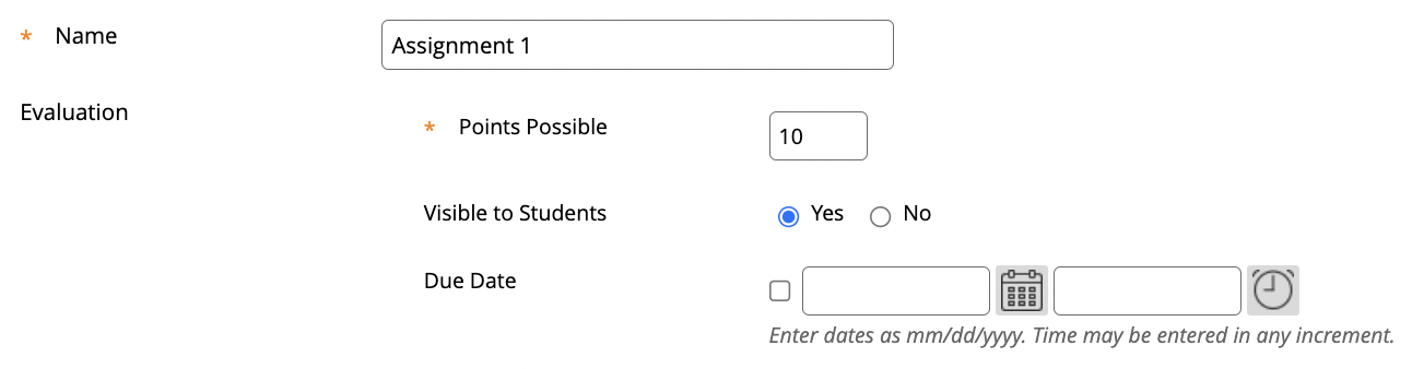 Interface for editing page or assignment details in Blackboard including Name, Points Possible, Visible to Students, and Due Date settings.