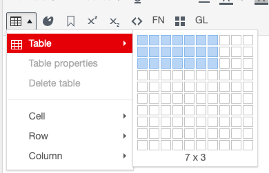 The table tool open on the chapter editor 