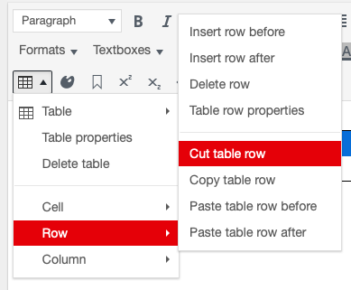 Table menu open on the chapter editor page