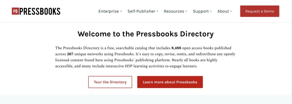 Menu, title, introductory paragraph and buttons "Tour the Directory" and "Learn more about Pressbooks"