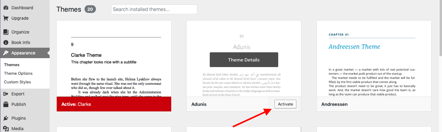 Theme "Activate" button highlighted