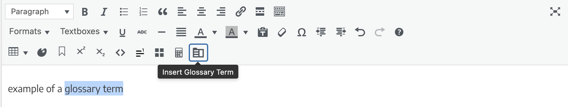Screenshot of the Visual editor toolbar with the Insert Glossary Term icon highlighted.