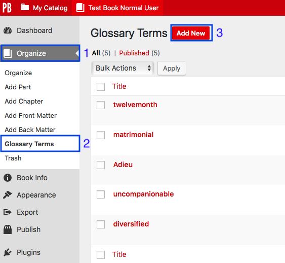 Navigating to the Glossary page from the left sidebar menu.
