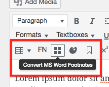 After copying or importing Word doc, click "Convert MS Word Footnotes" button