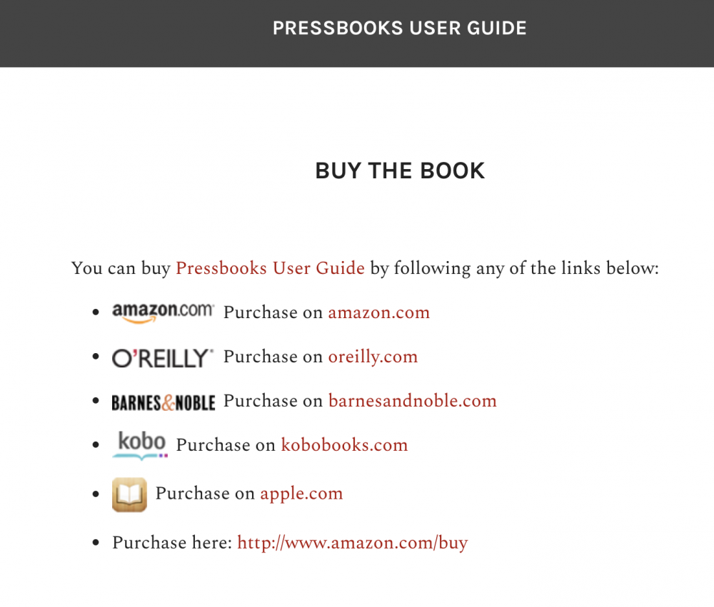 The Buy Book page showing links to online retailers
