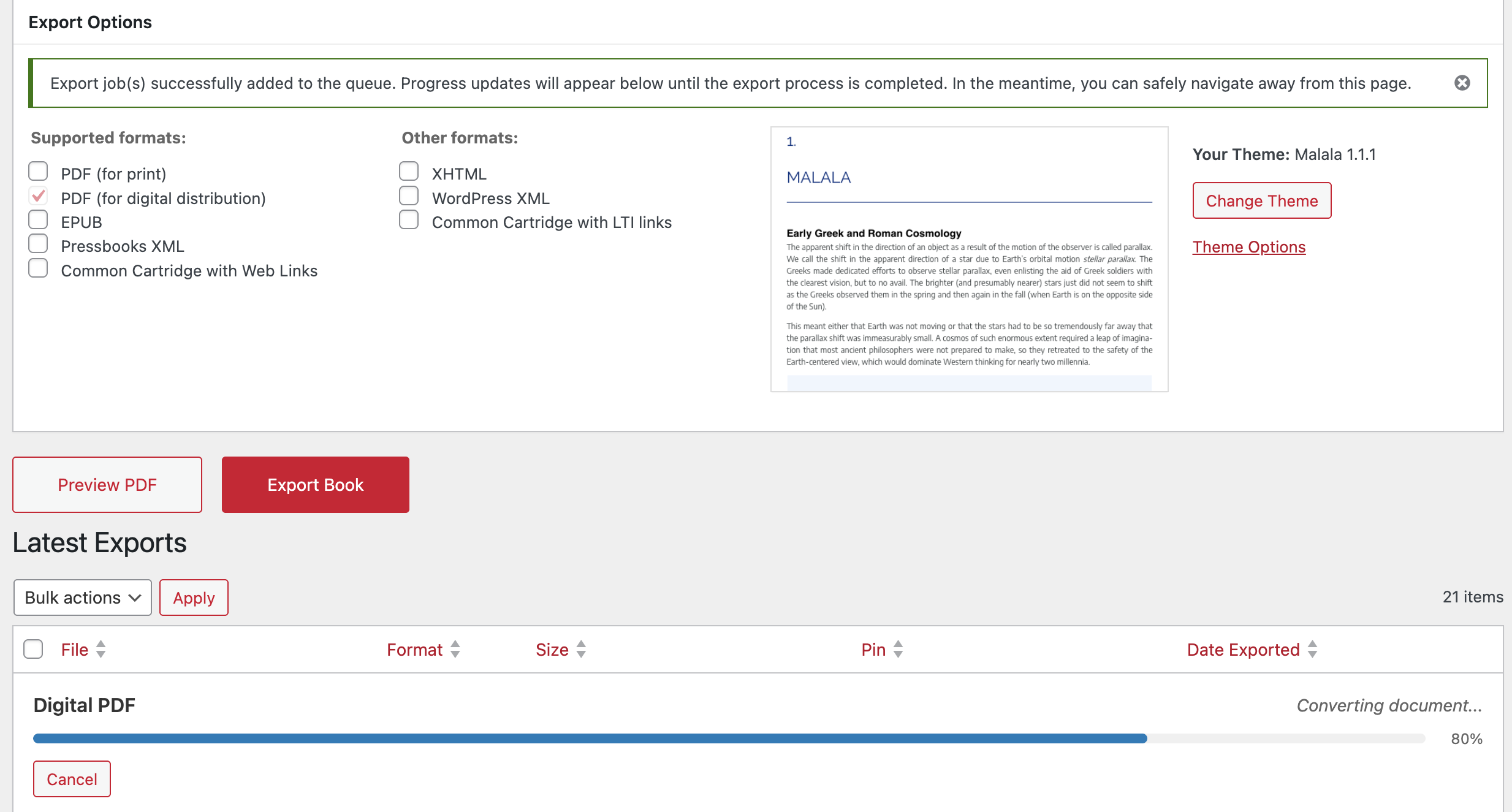 Screenshot showing a file export in progress. An on-screen message reads: "Export jobs successfully added to the queue. Progress updates will appear below until the export process is completed. In the meantime, you can safely navigate away from this page."