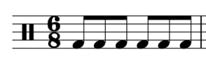 A percussion clef, compound meter time signature (6/8) and six eighth notes