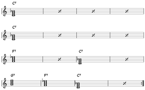 notation: C7 for four bars, C7 four bars, F7 two bars, C7 two bars, G7 one bar, F7 one bar, C7 two bars