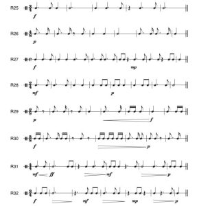 There are 8 rhythms that contain dotted rhythmic values that do not have the duration of a full measure. Dynamic markings as well as crescendos and decrescendos are also present.