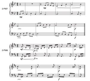 There are two two-part melodies that contain leaps within the tonic triad as well as dynamic markings.