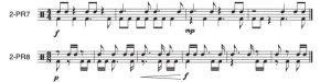 There are 2 two-part rhythms that contain dotted rhythmic values that do not have the duration of a full measure. Dynamic markings as well as crescendos and decrescendos are also present.