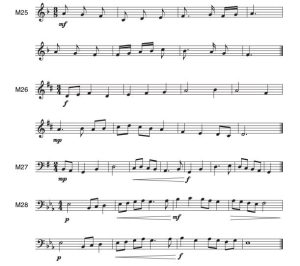 There are four melodies in the major mode that contain leaps within the tonic triad as well as dynamic markings.