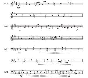 There are four melodies in the minor mode that contain leaps within the tonic triad as well as dynamic markings.