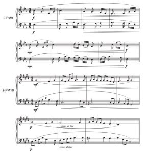 There are two two-part melodies that contain more frequent adjacent leaps within the tonic triad as well as dynamic and articulation markings.