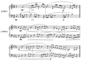 There are two two-part melodies that contain leaps of fifths and octaves within the tonic triad as well as dynamic markings and articulations.