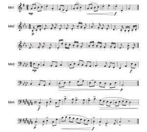 There are four melodies in the major mode that contain leaps of fifths and octaves within the tonic triad as well as dynamic and articulation markings.