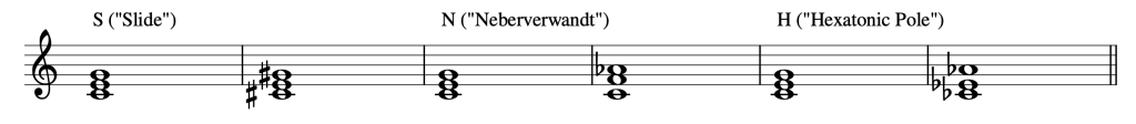 Single treble staff showing three Neo-Riemannian transformations of a C-major triad: [pb_glossary id=