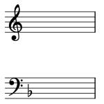 A treble clef is shown with a blank key signature, and a one-flat key signature is shown after a bass clef.