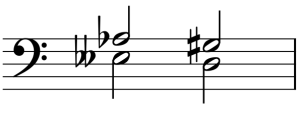 notation: harmonic interval E𝄫3 to A♭3 followed by D3 to G♯3.