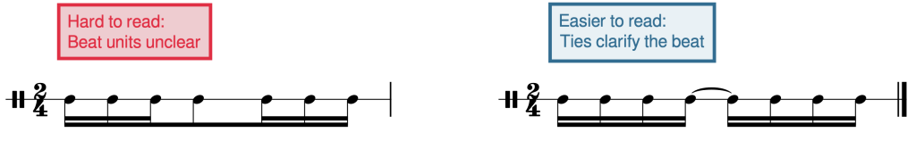 notation of a rhythm without a tie, obscuring beat unit; then, the same rhythm with a tie, clarifying beat unit