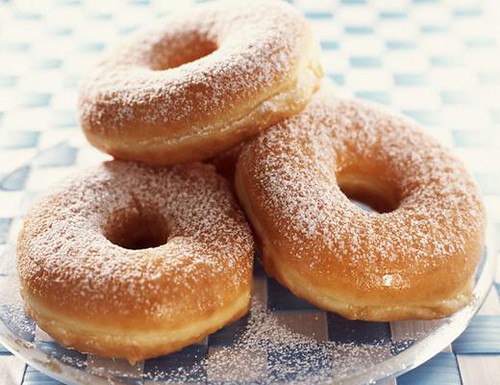 Breakfast #1 is three powdered sugar donuts. These donuts weigh 135 grams and contain 500 kcal