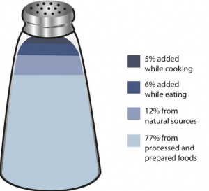 Image of a salt shaker, that shows 77% of salt in our diet comes from processed and prepared foods, 12% comes from natural sources, 6% are added while eating, and 5% are added while cooking.