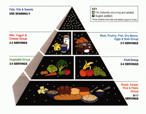 Pyramid shaped to show the largest food group (Grains) on the bottom, second tier is fruits and vegetables, third tier is dairy and meat, and top is fats oils and sweets to be used sparingly