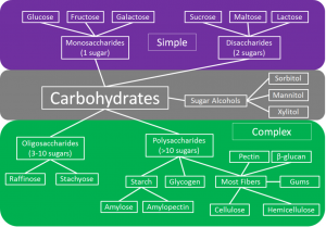 Carbohydrates are classified as simple (made up of one or two saccharides), complex (made up of 3 or more saccharides), and sugar alcohols.