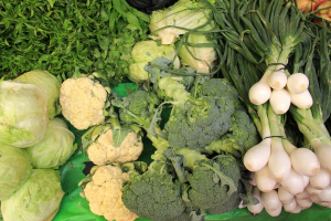 Photo of green vegetables like broccoli, kale, onions, cauliflower, and lettuce
