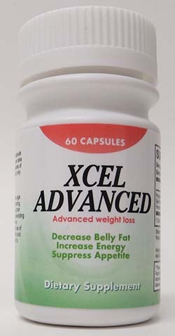 Photo of XCel Advanced - a dietary supplement marketed for weight loss with several structure/function claims: decrease belly fat, increase energy, suppress appetite