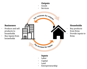 Circular diagram shows reciprocal relationship between businesses and households. Households buy products and provide inputs (labor, capital, land, entrepreneurship) to firms, while paying for business outputs. Business produce and sell products, and buy inputs from households, while outputting goods and services.