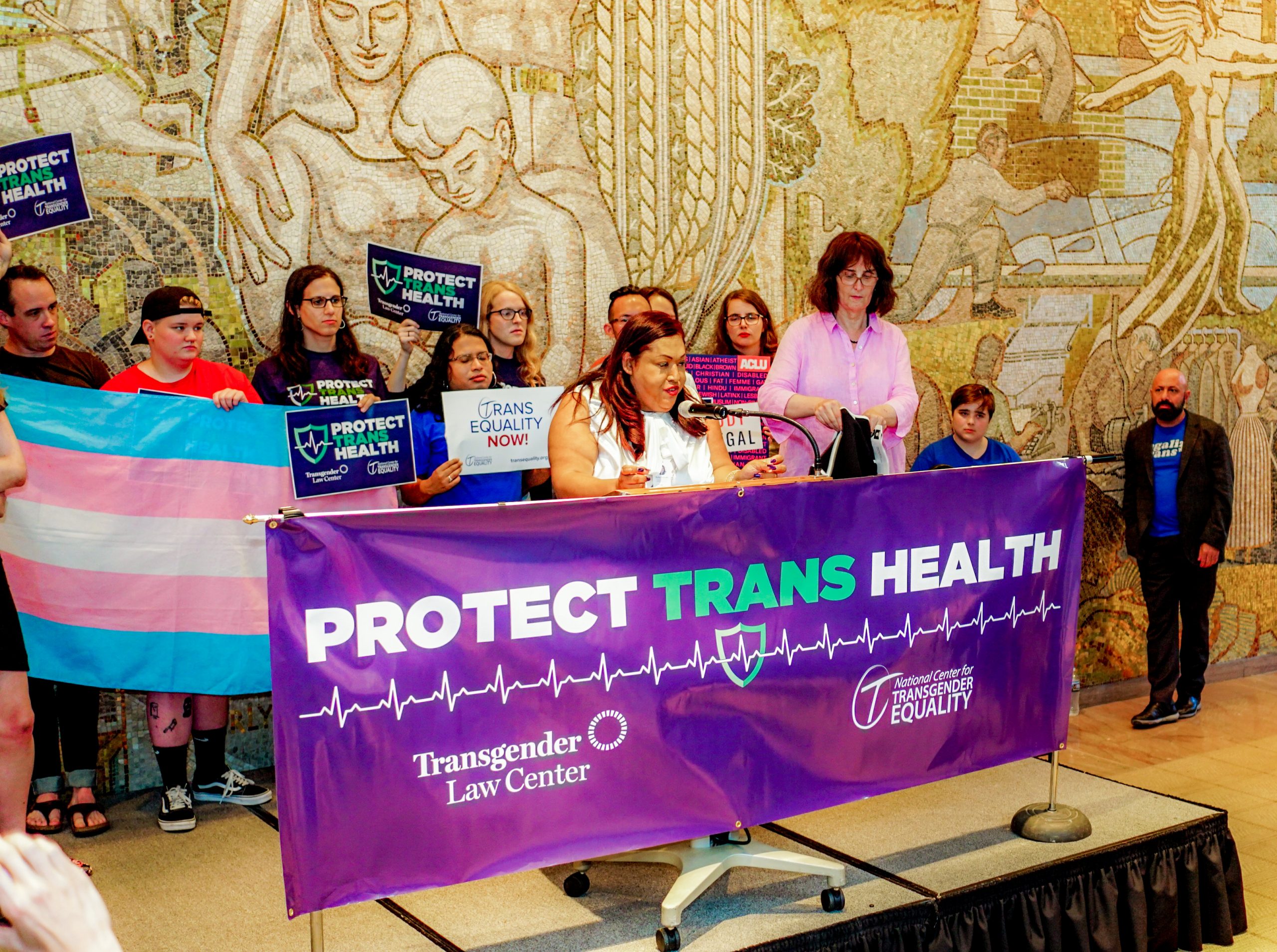 A woman speaks in front of a sign that says "PROTECT TRANS HEALTH."