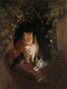 An orange, white, a black, and two gray tabby cats in a painting, looking in a direction