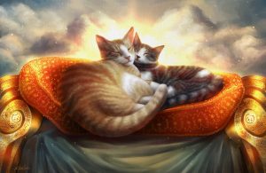 An orange and gray cat snuggling together on top of a royal red and gold cushion, with a cloudy sky and a radiant sunlight sitting behind them.