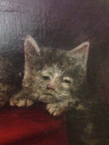 Painting of a cat who has human features, that looks very tired.