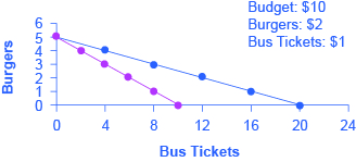 The graph shows how opportunity cost is affected by the purchase of either burgers or bus tickets. The opportunity cost of bus tickets is the number of burgers that must be given up to obtain one more bus ticket.