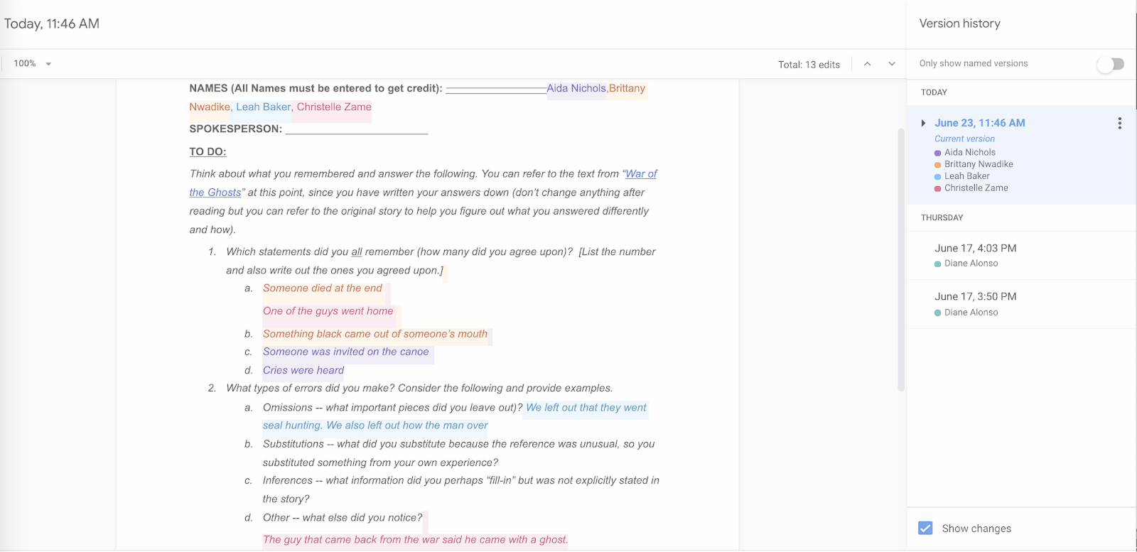 An example of a Google Doc assignment, showing how students participate in collaborative writing. Colors indicate different students’ contributions.