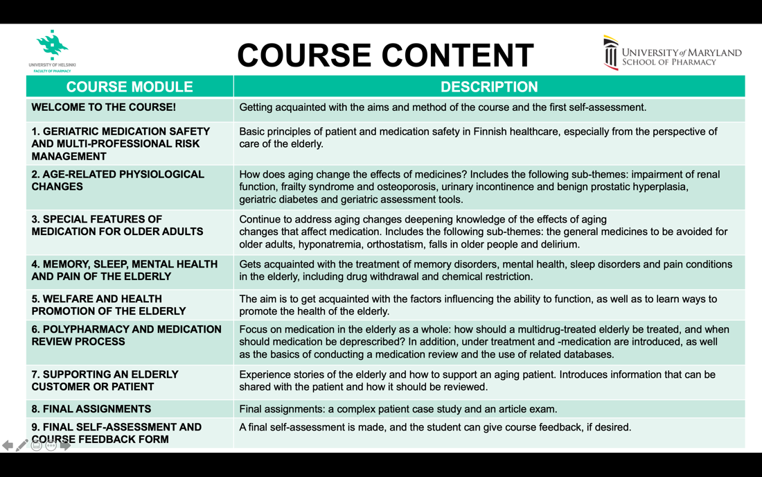 A "Course Content" table with two columns, "Course Module" and "Description". University logos on each side of the table title.