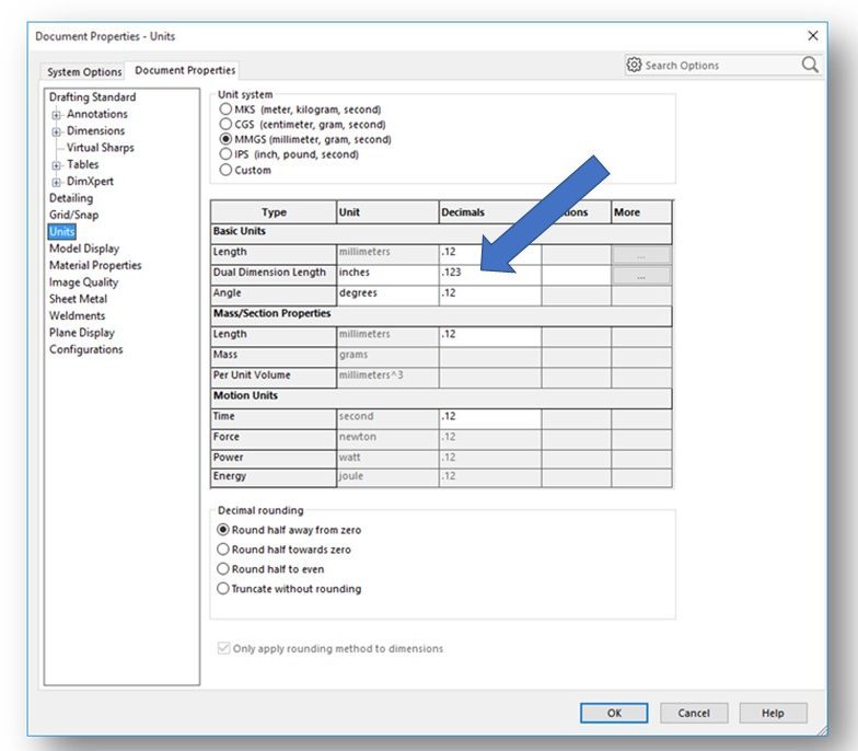 Figure 2-12 Document Properties - Units Dialog Box