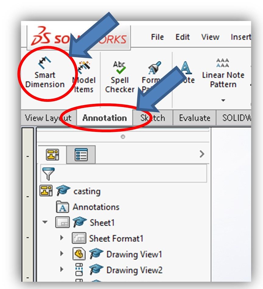 Smart Dimension Command Icon Located in the Annotation CommandManager