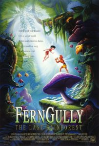 Poster for the film Ferngully: The Last Rainforest with an image of the forest and two fairies on a mushroom.