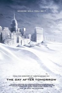 Poster for the film The Day After Tomorrow showing snow-covered ground with a frozen cityscape in the distance.