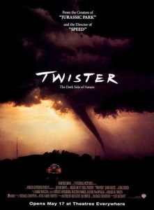 Poster for the film Twister with dark clouds and a tornado as a vehicle approaches.