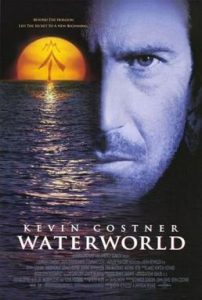 Poster for the film Waterworld with the face of Kevin Costner superimposed over water with a sunset in the distance.