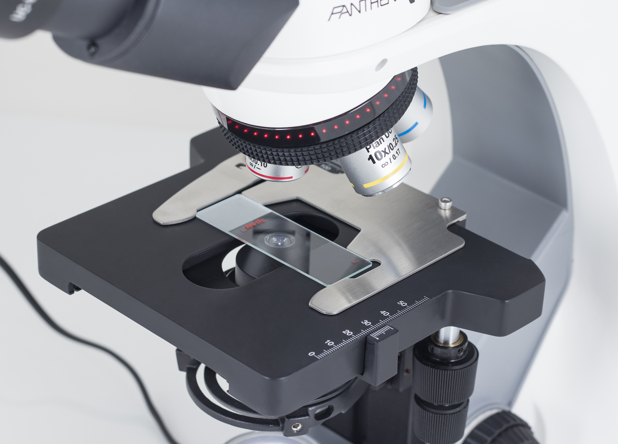 Motic Panthera E2 compound light microscope showing slide on stage.