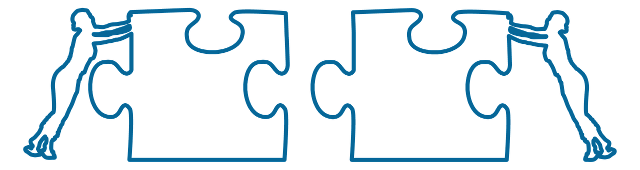 A line drawing in blue showing two figures pushing together the interlocking parts of a puzzle, meant to demonstrate how tying two ideas together can complete a thought or sentence.