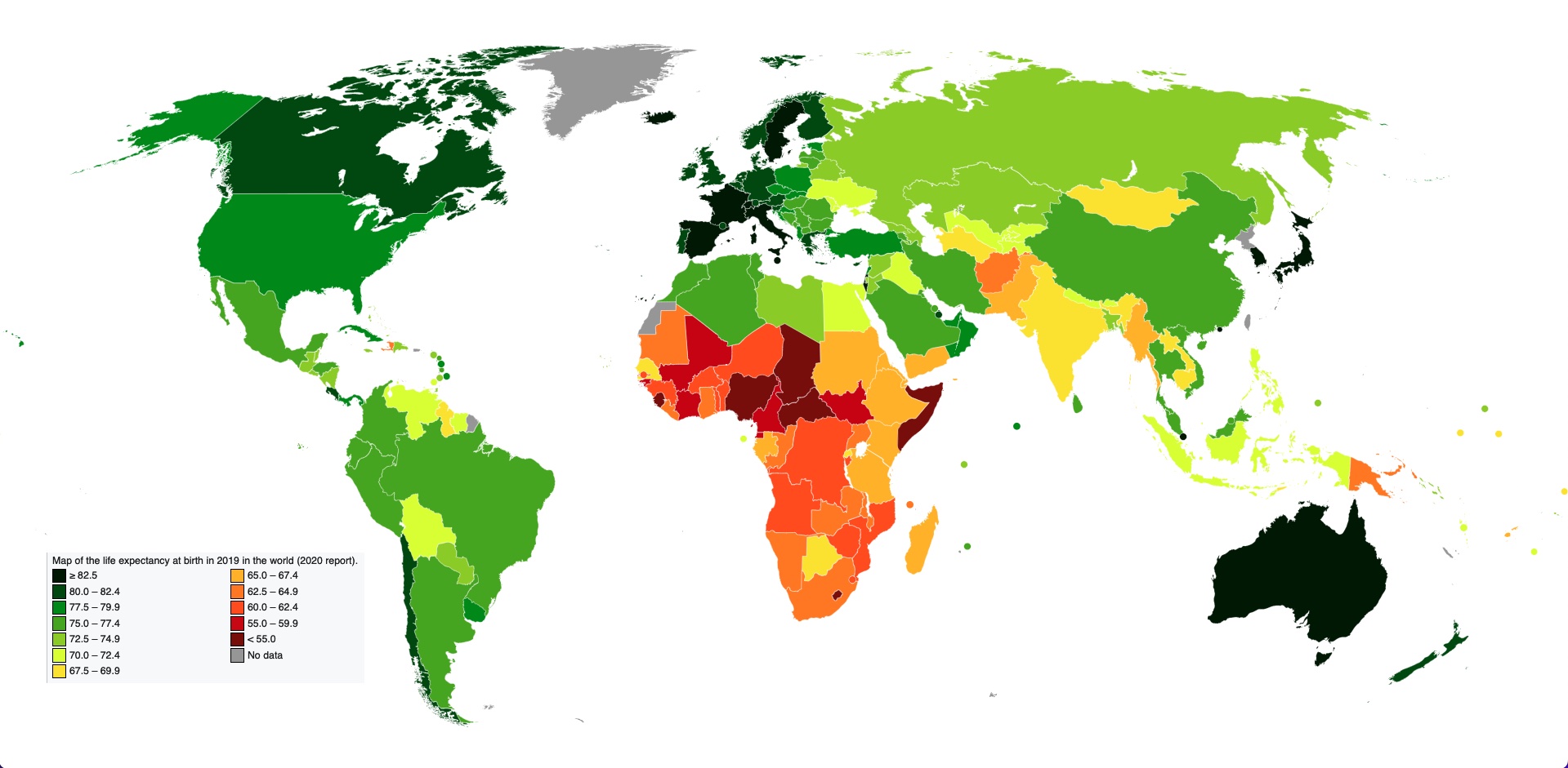 Map of the life expectancy at birth in 2019 in the world (2020 report)